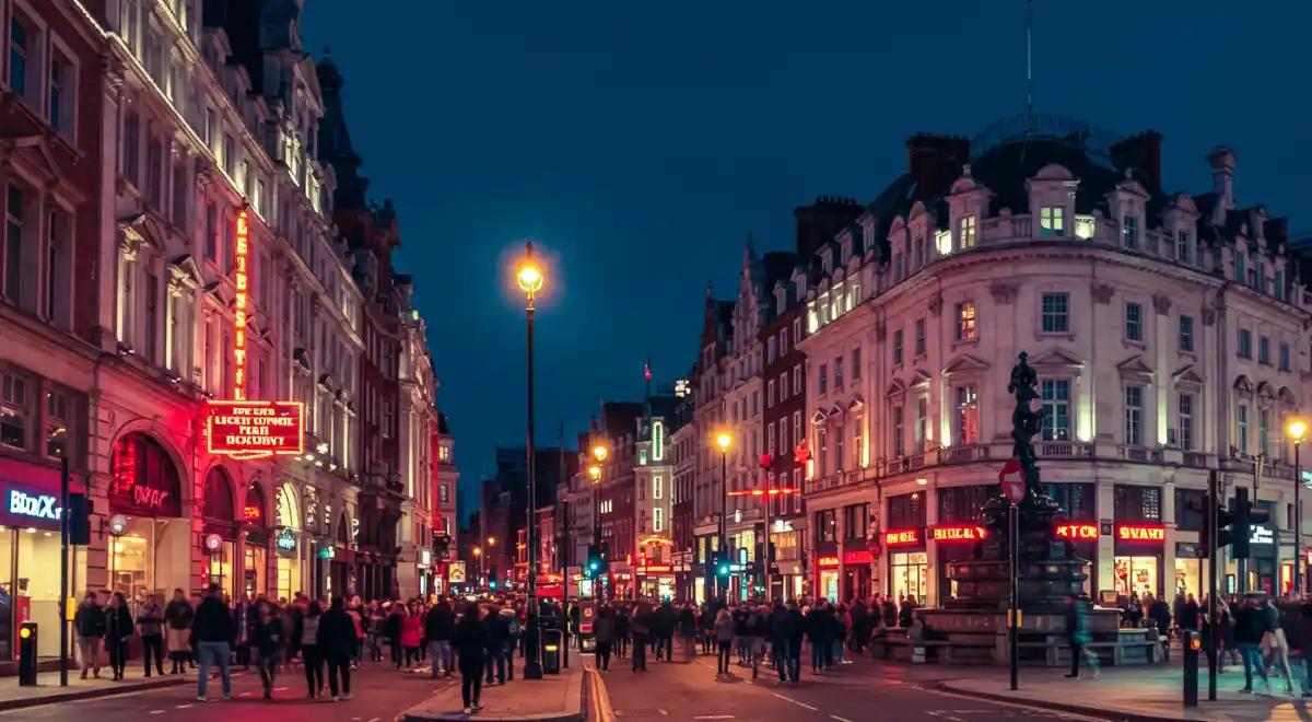 Leicester Square street view at night with lights